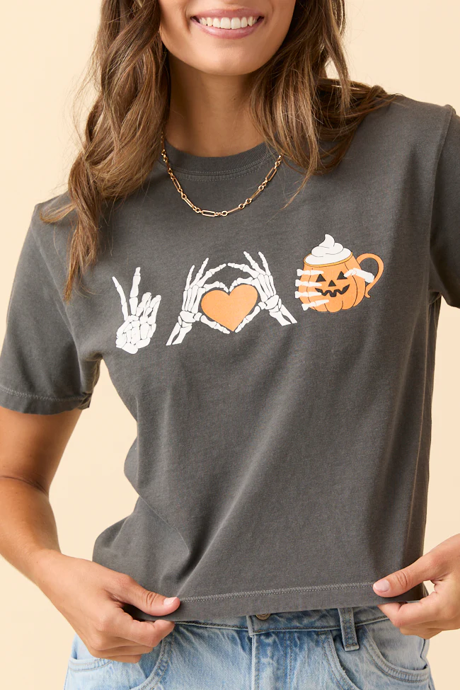 Peace, Love, and Pumpkin Spice Latte Dark Grey Boxy Graphic Tee