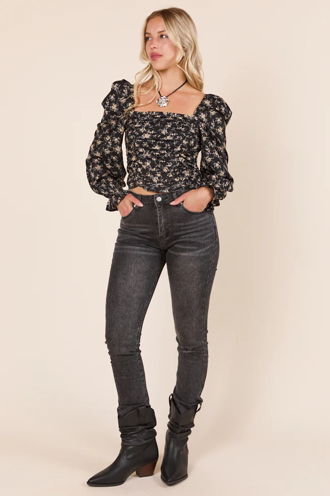 High Rise Black Distressed Slim Straight Leg Jeans