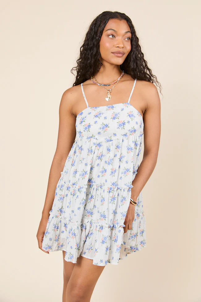 Blue Floral Square Neck Romper Dress